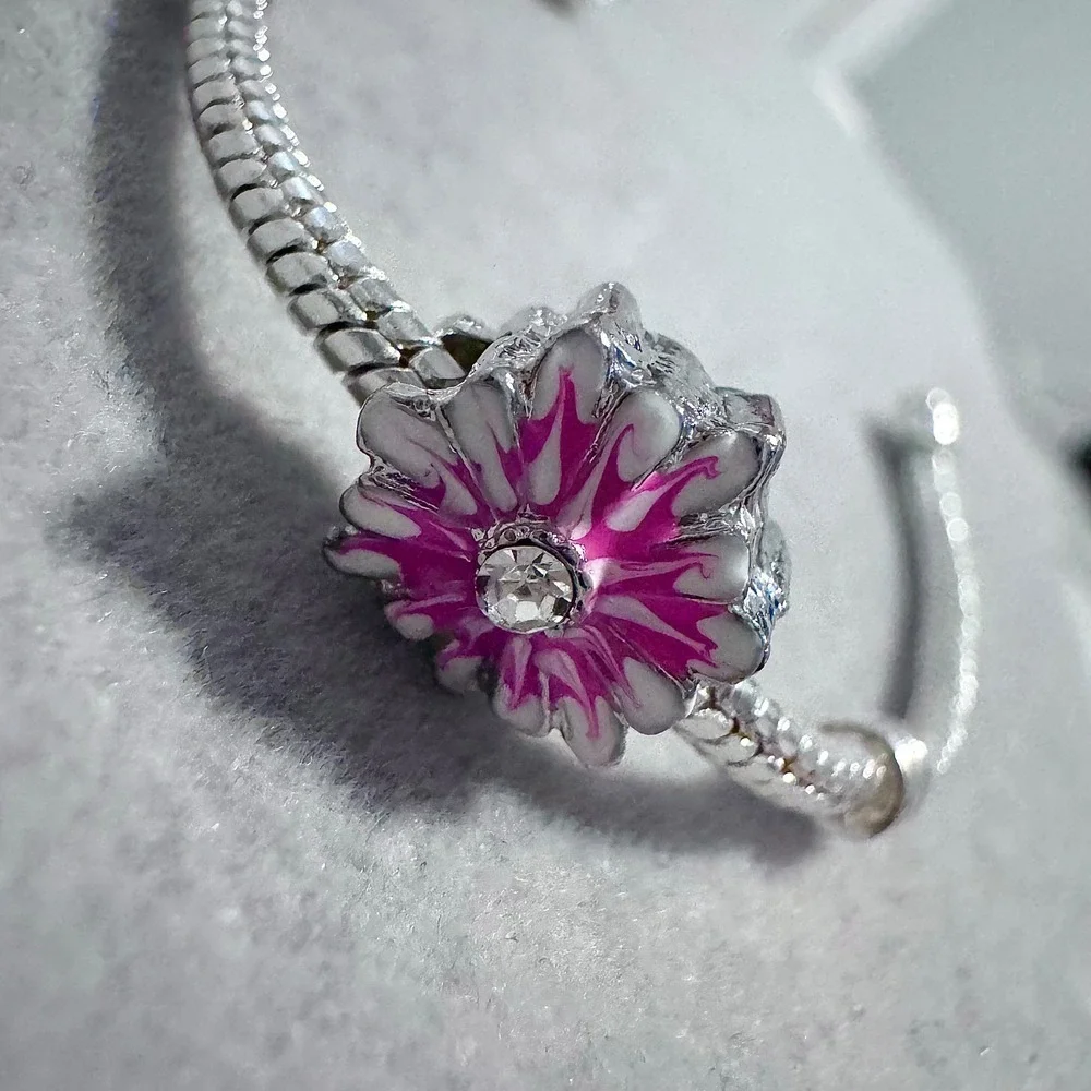 Pink White Enamel Flower Bead Charm fits‎ PANDORA